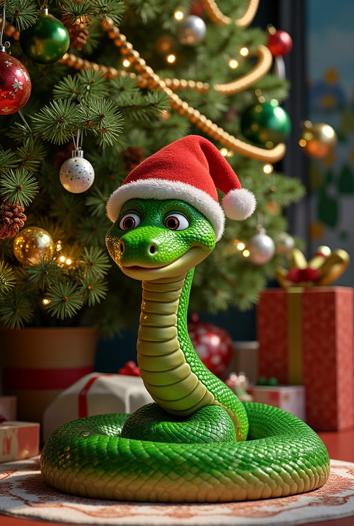 ((photo,maximum quality ,  high detail ,realism,16k render ))  a big cheerful green snake in a Christmas ( curled up under a decorated New Year's blue-silver fir tree( Christmas tree is decorated with garlands and balloons with Christmas toys ),Christmas card style ( at the top, the inscription  " happy new year 2025 !")((Christmas card style ( at the top, the inscription  " happy new year 2025 !"))), realistic snake scales ,kind funny look , New Year card, incredible quality 