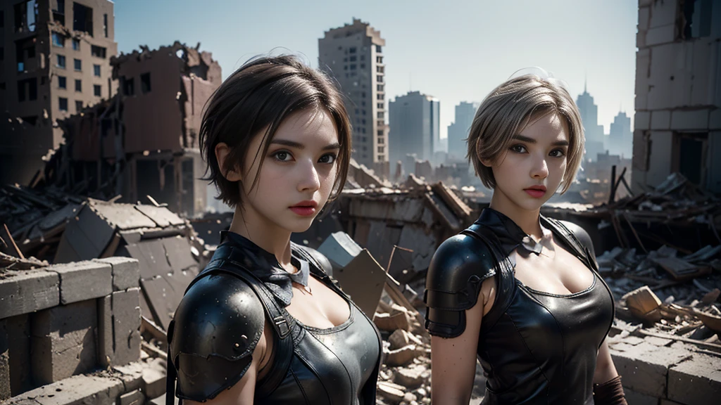 masterpiece,  high-resolution ,8K,( Portrait Photos:1.5),(R Original Photo),Reality,Digital Photography,(Ruins of the Apocalypse  ),City ruins，20 year old pretty female ，Short hair，Shut up，  post-apocalyptic scene ， Upper body photography ，Damaged Armor，Full figure