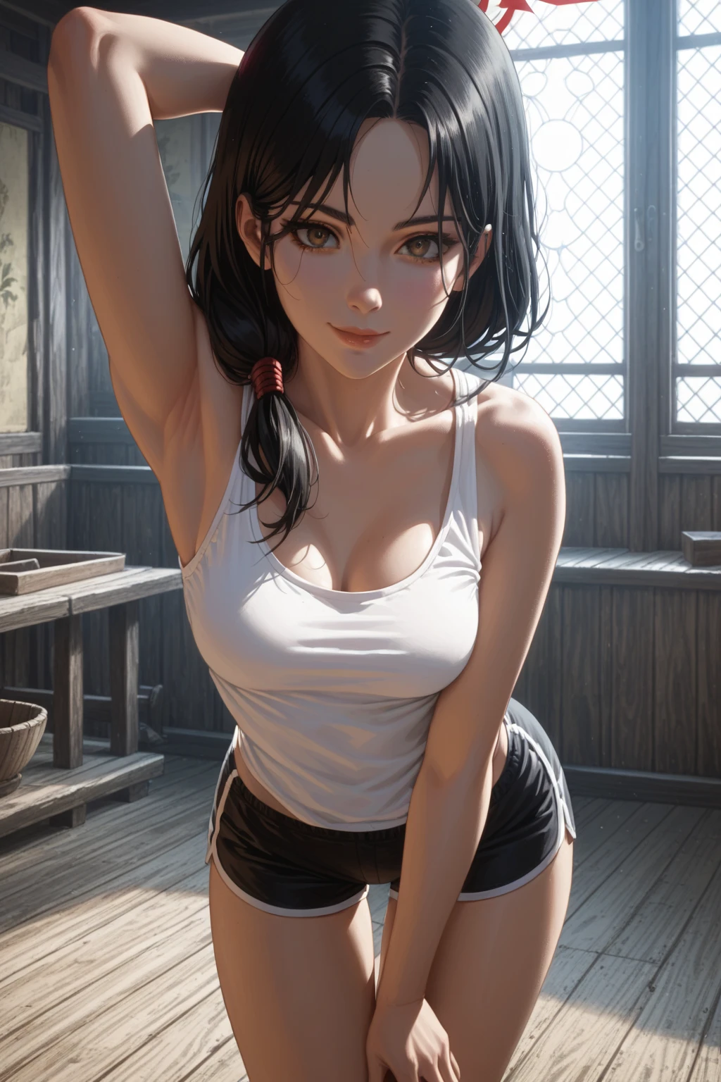 score_9, score_8_up, score_7_up, source_anime, 1girl, prefect lighting, very aesthetic, intricate details, highly detailed background, masterpiece, high quality, prefect hands, best quality, solo,
kjoizumi, black hair, 
tank top, athletic shorts, 
standing, looking at viewer, smug, parted lips, leaning forward, hand between legs, hand behind head, armpits
dojo, wooden floor, 
(Beautiful, medium Breasts:1.2), natural breasts, Noa (Blue Archive)