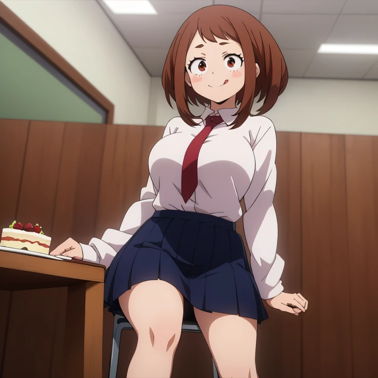 score_6_up, best quality, anime screencap, 1girl, ochako uraraka, skirt, white shirt, red tie, standing, school, long sleeve, big breasts, smile, from front, looking at viewer, thick legs, tongue out, lick, chocolate cake, sitting down