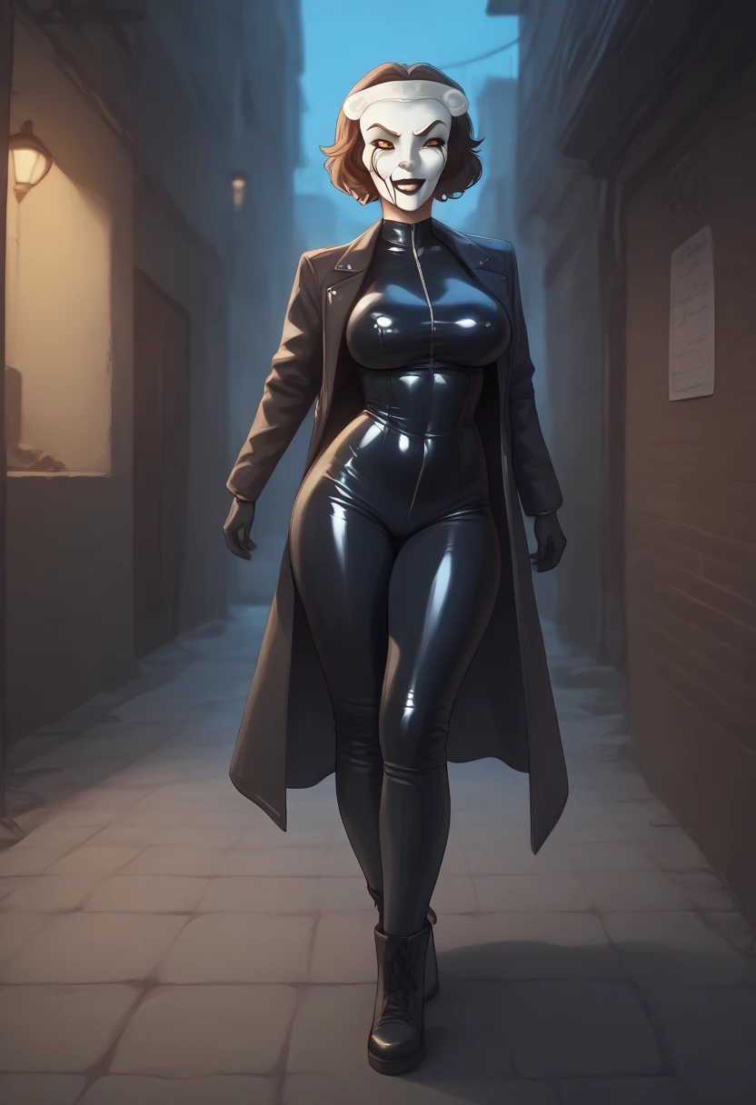 30-year-old mother with short brown Bob-style hair with big breasts wearing a leather jacket and blouse with a miniskirt and black gloves and long latex thigh-length stockings and ankle boots while standing in her living room in a dark alley at night sucking a penis with semen from a man standing while he touches her head she is wearing an evil mask 