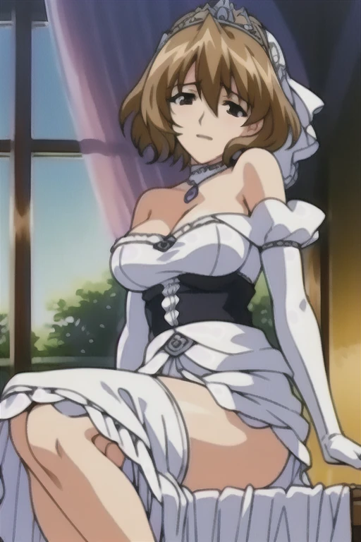 (by yag:1.1), score_9, score_8_up, score_8, source_anime, 80s anime style, 
1girl, intricate high detailed body, 
red hair, short hair, messy twin bun, 
green eyes,  
slender, medium breasts, 
neckwear, white lace leotard with sleeves, 
jewelry, accessories, 
happy smile, 
sexy pose, 
cowboy shot, 
indoors, castle