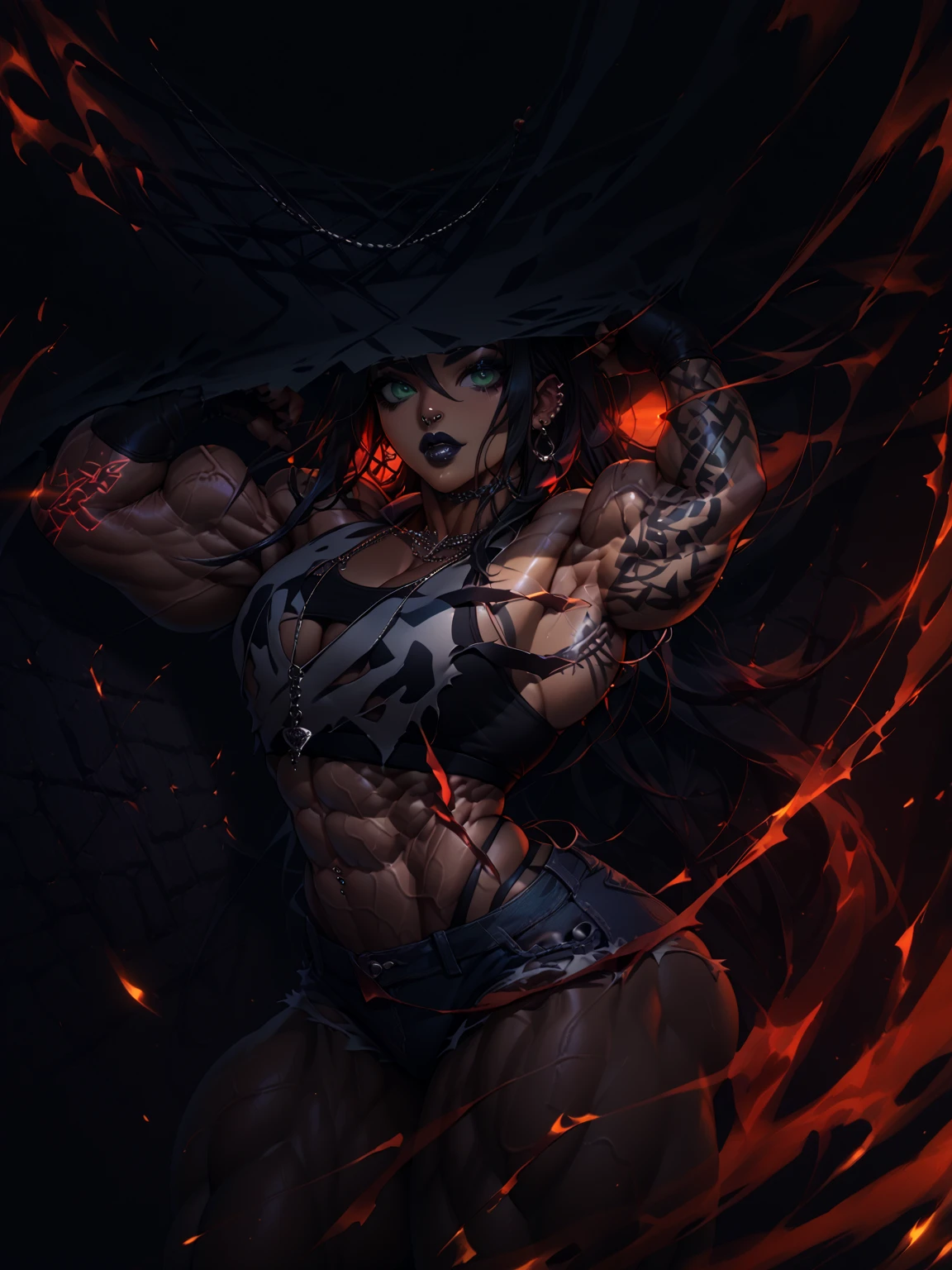 ((volcano)),(devil milf),sit in fire,(((tattoo covering whole body:1.4))),(((black skin))), short hair,Detailed details,((A MILF: 1.4)), (Curvy:1.35),Curvy physique,compelety naked,bare leg,(puffy nipple),eductive,Obscene expressions,tongue out,close up