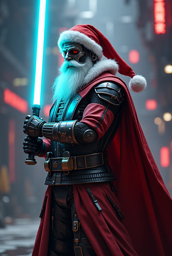 Robot Santa , METAL BODY , Neon lights on the body ,  dynamic posture, 《 Star Wars》 Jedi Master Costume ， in Mark Darmstead's style，( Best Quality ,4K,8K, high-resolution ,masterpiece:1.2), movie lights, mechanical parts , Delicate metallic texture ,Advanced Technology, future cyberpunk , bright colors 