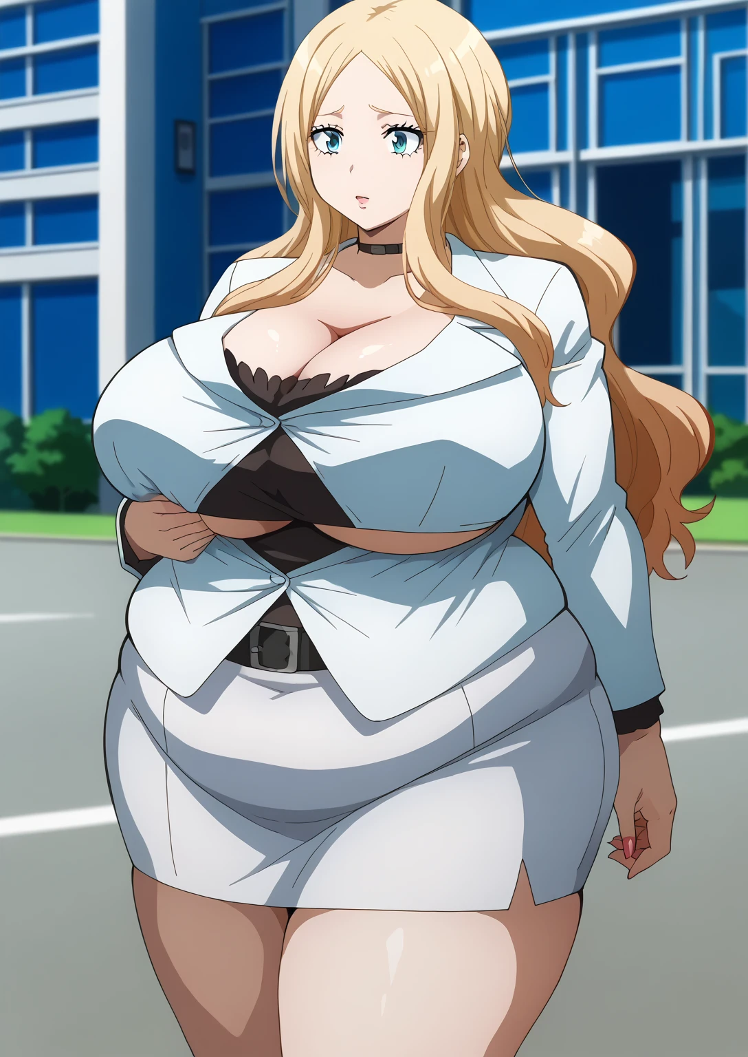  Irina Jelavic,  Golden Hair ,  long hair, straight hair, blue eyes,  black choker like an NTR cartoon,  white suit ,  white jacket,  black shirt , white mini skirt, ssbbw, chubby,milf, score_9,   score_8_ up,   score_7_ up,   score_6_ up,   score_5_ up,   score_4_ up,     masterpiece   ,   top quality,     So Aesthetic ,    absurd,    Source_Anime, Anime screencap,    one woman , Alone,   personal   ,  Super huge breasts, ((( super huge clevis, Super huge , Super huge boob))), Curvy,   chubby,  Mature Woman,   obese ,  embarrassing expression, Outdoor