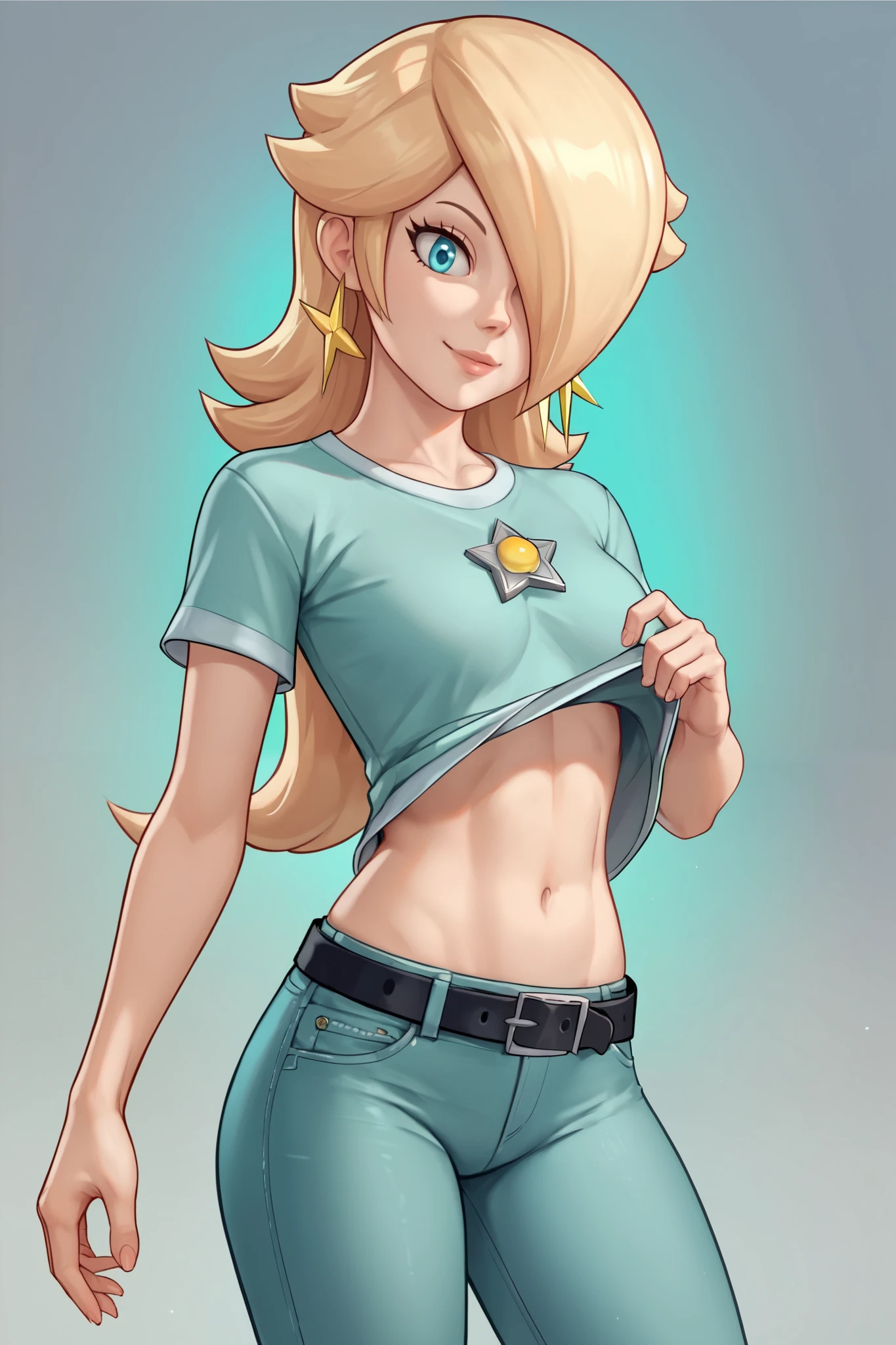 score_9, score_8_up, score_7_up, source_anime, rosalina, blonde hair, blue eyes, hair over one eye, long hair, star earrings, solo, cowboy shot, black t-shirt, taut clothes, tight shirt, midriff, jeans, black belt, smirk, shirt lift