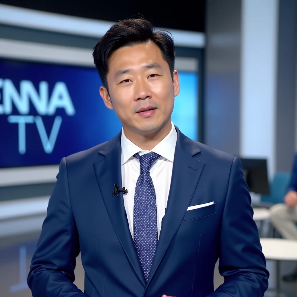 A well-dressed Korean man in a neat blue suit, matching tie, and handsome appearance, reading the news on TV in a newsroom studio. He appears professional, with a modern newsroom backdrop featuring "BENCANA TV" in the background.

