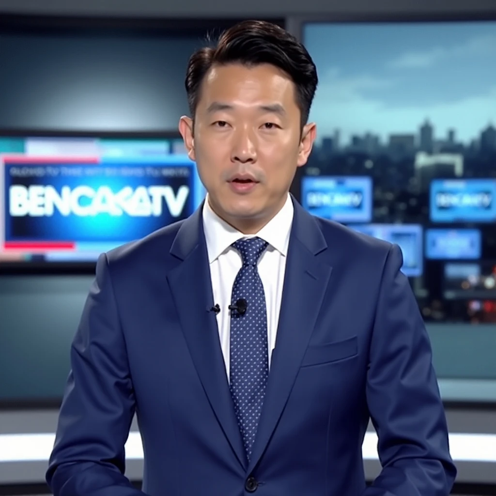 A well-dressed Korean man in a neat blue suit, matching tie, and handsome appearance, reading the news on TV in a newsroom studio. He appears professional, with a modern newsroom backdrop featuring "BENCANA TV" in the background.

