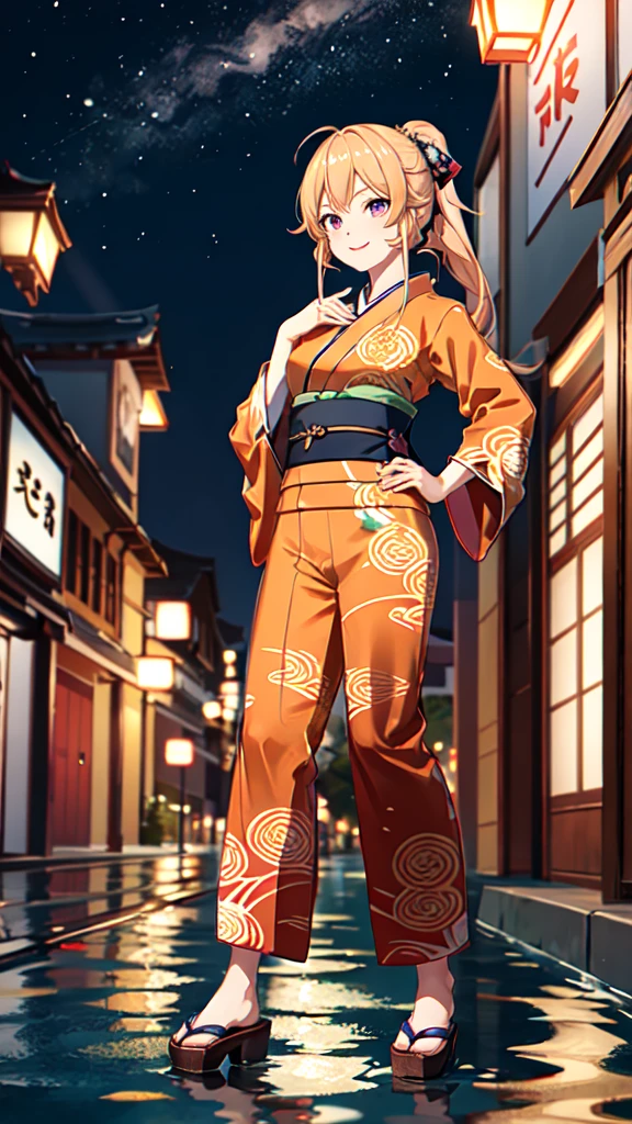 masterpiece, high quality, aaerina, sleek ponytail, Japanese-inspired cheongsam, kimono collar, obi sash, ornate patterns, traditional fastenings, radiant smile, poised stance, hand on hip,
outdoor, night view, river,