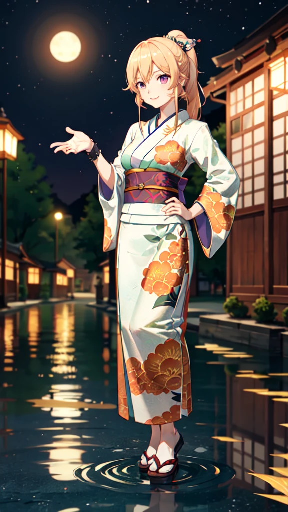 masterpiece, high quality, aaerina, sleek ponytail, Japanese-inspired cheongsam, kimono collar, obi sash, ornate patterns, traditional fastenings, radiant smile, poised stance, hand on hip,
outdoor, night view, river,