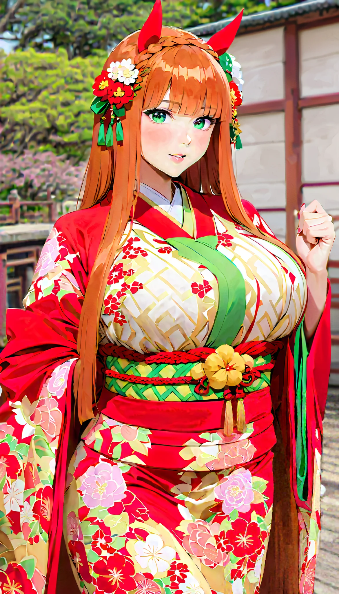   silence suzuka（ Uma Musume） ;    very big breasts 、   sexy kimono with appeal that captivates all men,  New Year Kimono to Maximize Your Bust ,   Sexy and Very Beautiful Chest Sunsuit 、 Delicate Skills Shines  ,    Sunwear Costumes are made with advanced technology .Sexy Sunsuit 、   silence suzuka  （  Uma Musume ） long brown hair  、 茶髪のサラサラStraight hair 、Straight hair   、 Very Very Long Horse Ears 、、、、、 Brown hair long hair  、  green eyes、Green eyeball、魅力的な  green eyes,    WOMEN WHO RESPECT YOU ARE Cunning   , but、  Her cuteness is irresistible    ,  My heart feels like it&#39;s going to burst、   The World Has Begun to Change Colors   、poison、  Sexy Beautiful Girl  