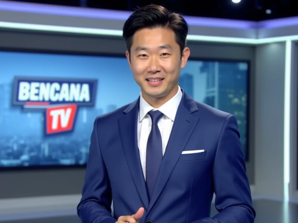 handsome korean, A well-dressed Korean man in a neat blue suit, matching tie, and handsome appearance, reading the news on TV in a newsroom studio. He appears professional, with a modern newsroom backdrop featuring "BENCANA TV" in the background.

