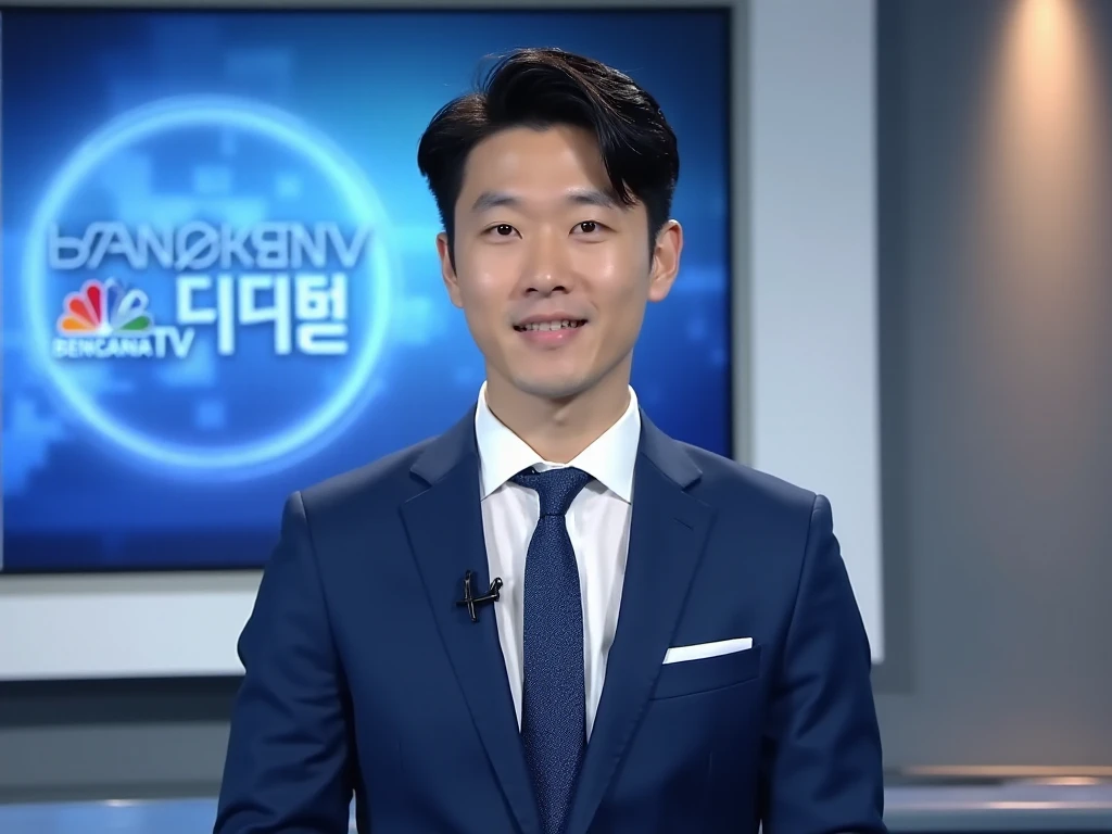 handsome korean, 24 yeafs old, A well-dressed Korean man in a neat blue suit, matching tie, and handsome appearance, reading the news on TV in a newsroom studio. He appears professional, with a modern newsroom backdrop featuring "BENCANA TV" in the background.

