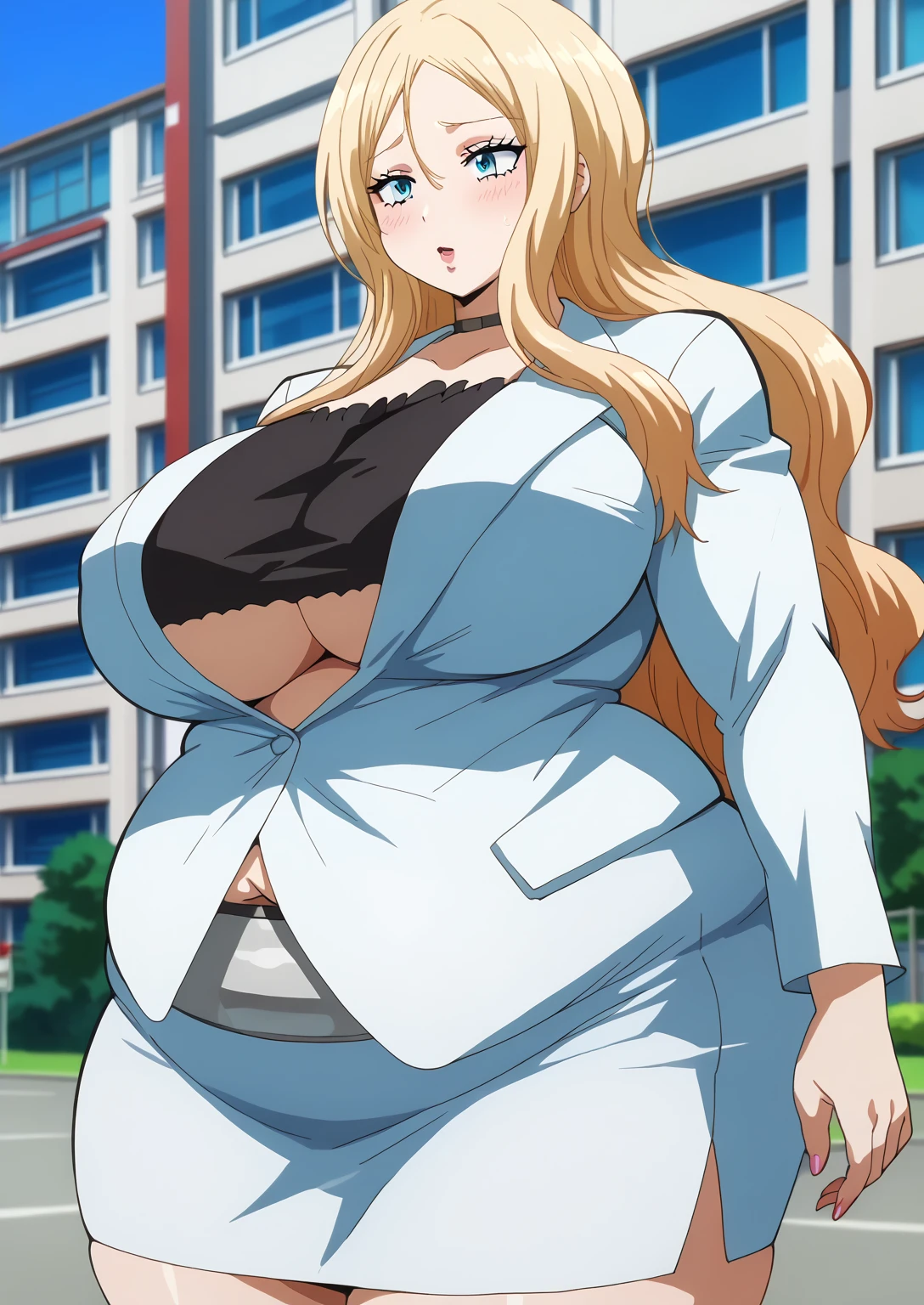  Irina Jelavic,  Golden Hair ,  long hair, straight hair, blue eyes,  black choker like an NTR cartoon,  white suit ,  white jacket,  black shirt , white mini skirt, ssbbw, chubby,milf,horny woman, score_9,   score_8_ up,   score_7_ up,   score_6_ up,   score_5_ up,   score_4_ up,     masterpiece   ,   top quality,     So Aesthetic ,    absurd,    Source_Anime, Anime screencap,    one woman , Alone,   personal   ,  Super huge breasts, ((( super huge clevis, Super huge , Super huge boob))), Curvy,   chubby,  Mature Woman,   obese ,  embarrassing expression, Outdoor