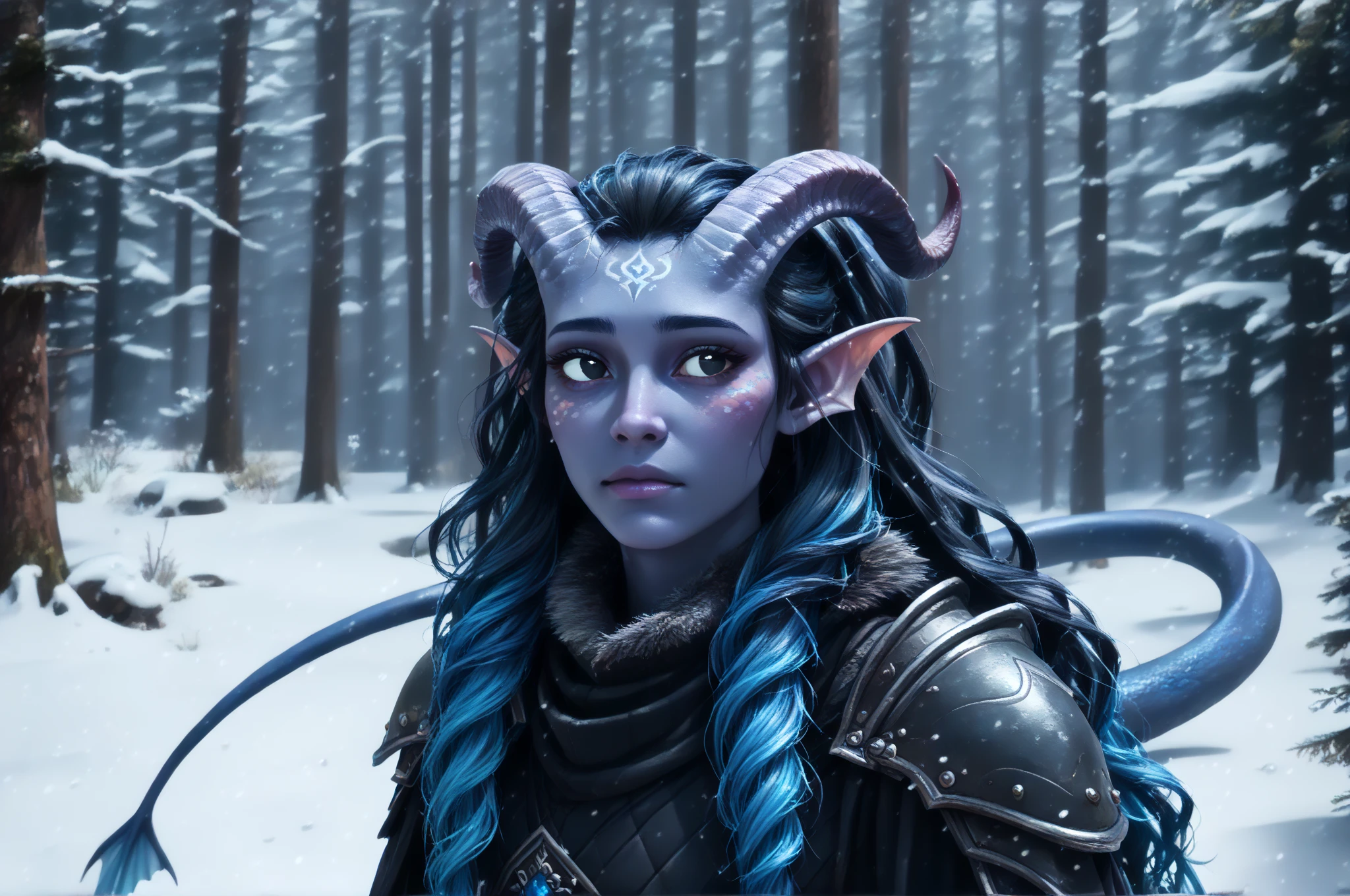 ( Snowy sprawling cedar ,  the winter cedar forest against the background of ), (1Тiefling ,  dark blue-gray skin :1.5), ( very thick long tiefling dragon tail :1.5), (long black flowing hair with dark blue tips:1.4), ( the bright blue-black pigmentation on the face :1.5), (blue-black freckles :1.2) , ( 2little fins on their heads :1.4), (bright blue-grey pupils,  Black eyes :1.4), ( blue-black pigmentation on the skin :1.5), ( dark grey straight short horns ), ( blue and black pigmentation on the tail :1.5),  girl  , (kind face), (на лице эмоции от нестерпимого coldа), (in pain ), (coldно:1.2), [curiosity ], (35 years old:1.5), (adult:1.2), (Deep look:1.3), (идёт крупный  snow ), (запорошена в  snow у:1.2) , (покрыта  snow ом), (ежится от coldа:1.1) , ( frost on eyelashes :1.1), ( fur collar armor), (белый  snow  на голове:1.2), ( fur armor ), ( snow  на рогах и на голове:1.2), (chainmail), (you can see pigmentation on his shoulder ), (tail protection), (the ranger :1.3), (трясётся от coldа:1.1), [ snowy winter ], ( crouched in the middle of the deep winter forest:1.3), (очень coldно), (blizzard,  snow , cold) , (can be seen in its entirety:1.2), ( seen from afar ), ( is standing with your back:1.2), (looking over shoulder:1.6), ( top quality ), ( masterpiece fails), ( highest detail),  fantasy background, blue tones, Dark tones, dark shades,  muted colors, [winter light ].