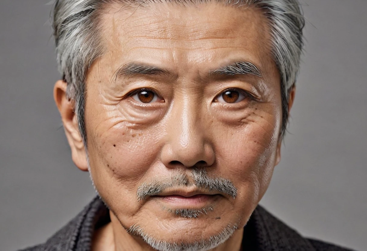 Japanese look , Gray Hair,  with a cut that looks like an old man,  caramel eyes 　 gentle expression 　Wrinkled 