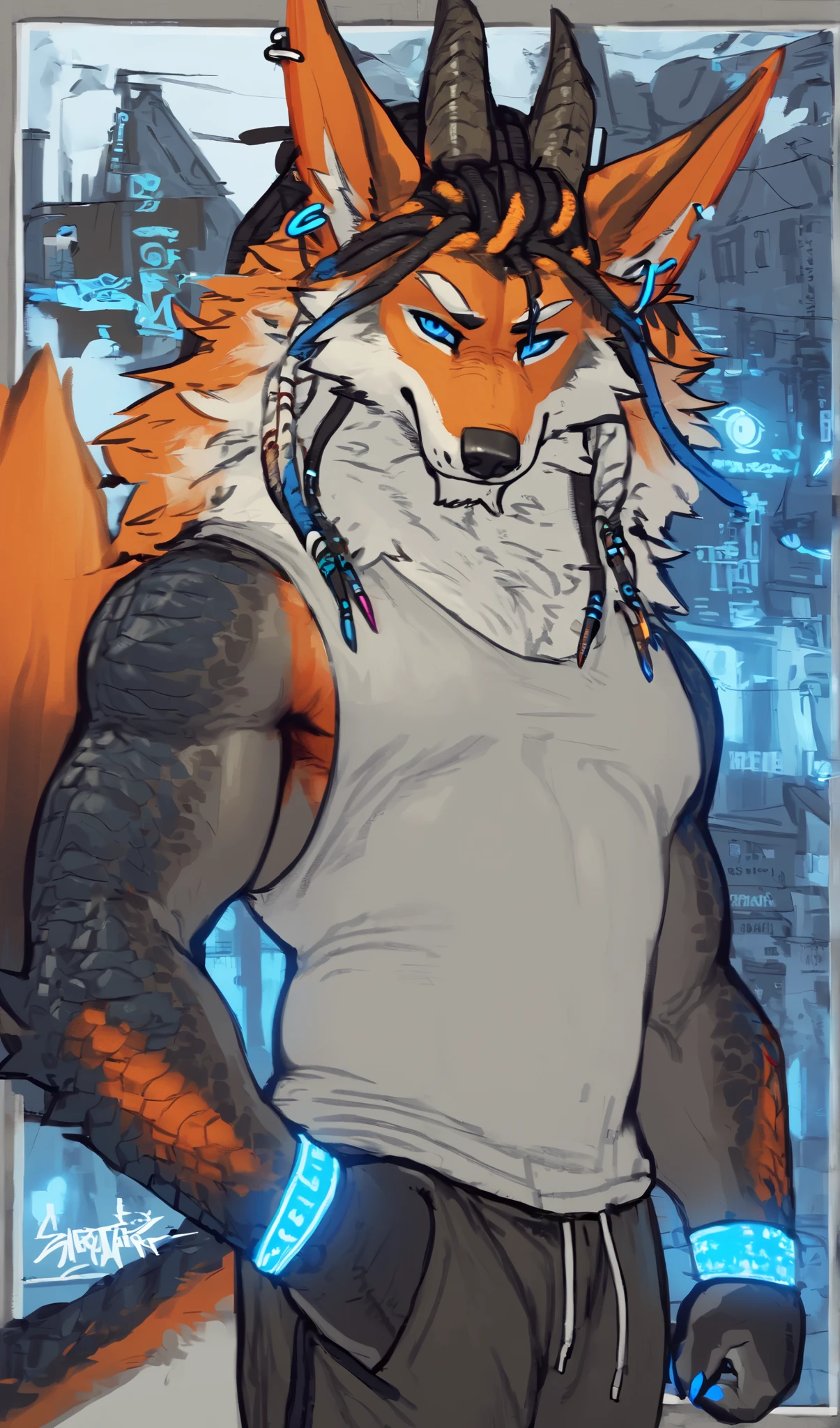   Gay, by dangpa, 25 years old, solo, front view, orange masculine wolf dragon, fit body, pierced ear, orange fur, white hair, full body, perfect anatomy, masterpiece, white beard, detailed eyes, glowing blue eyes, strong jaw, solo, great lighting, by bebebebe, by ZIXiong, by zackary911, by SligarTheTiger, by RED8EAN, icon, profile picture, sticker design, white outline, blue eyes, blue glow, dragon horns, Dreadlocks, dragon scaled arms, long tail, wolf head, black dragon scales, glowing blue nails, hair strand in face, Dreadlocks hairstyle, Diamond-Shaped Pupils, Nosebleed, white pupils, blue glowing iris, Super Detailed, High Details, High Resolution, Masterpiece, Digital Art,Cowboy Shot, Character Sheet Full-Length, full_body, Tanktop, sweatpants, bracelets, earrings, 