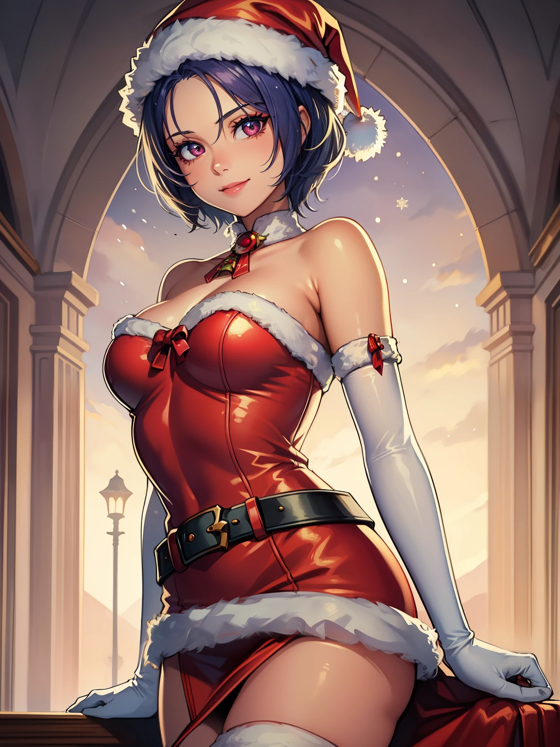 1girl, solo, masterpiece, best quality, high res, highly detailed, (illustration), beautiful detailed eyes,defShamir,short hair ,glossy lips, makeup, smile, long white satin elbow gloves, cowboy shot, (santa), red santa dress, santa hat, strapless dress