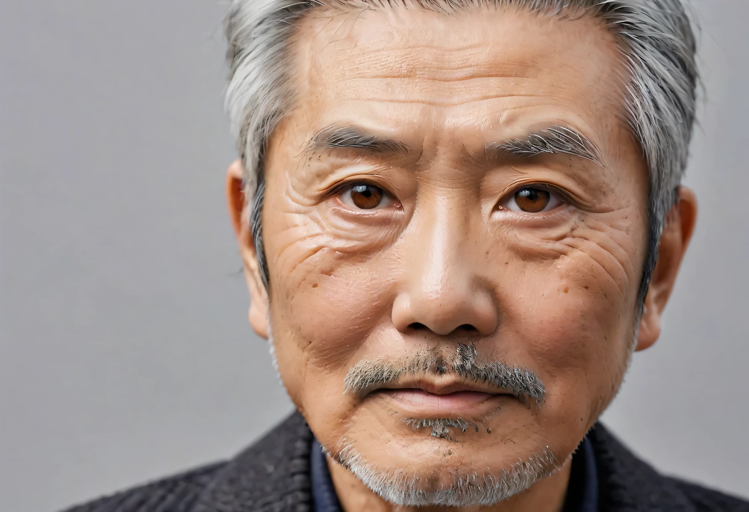 Japanese look , Gray Hair,  with a cut that looks like an old man,  caramel eyes 　 gentle expression 　Wrinkled 