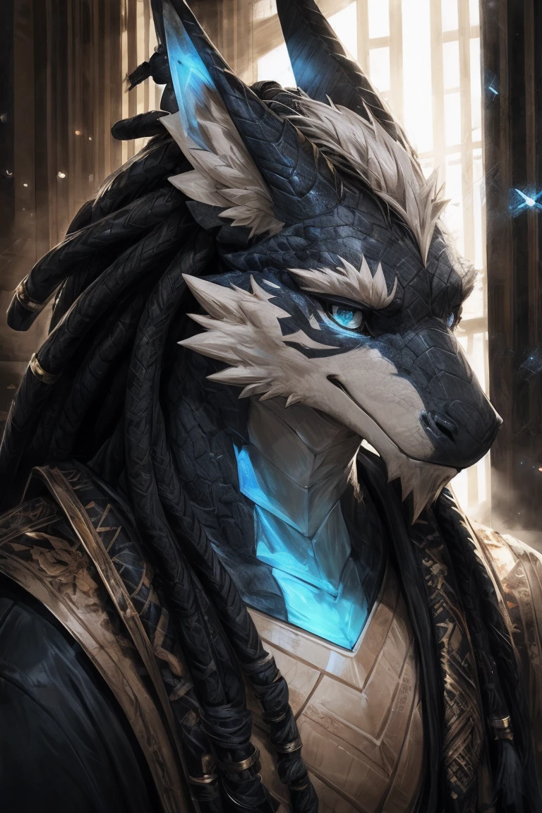   Gay, by dangpa, 25 years old, solo, front view, orange masculine wolf dragon, fit body, pierced ear, orange fur, white hair, full body, perfect anatomy, masterpiece, white beard, detailed eyes, glowing blue eyes, strong jaw, solo, great lighting, by bebebebe, by ZIXiong, by zackary911, by SligarTheTiger, by RED8EAN, icon, profile picture, sticker design, white outline, blue eyes, blue glow, dragon horns, Dreadlocks, dragon scaled arms, long tail, wolf head, black dragon scales, glowing blue nails, hair strand in face, Dreadlocks hairstyle, Diamond-Shaped Pupils, Nosebleed, white pupils, blue glowing iris, Super Detailed, High Details, High Resolution, Masterpiece, Digital Art,