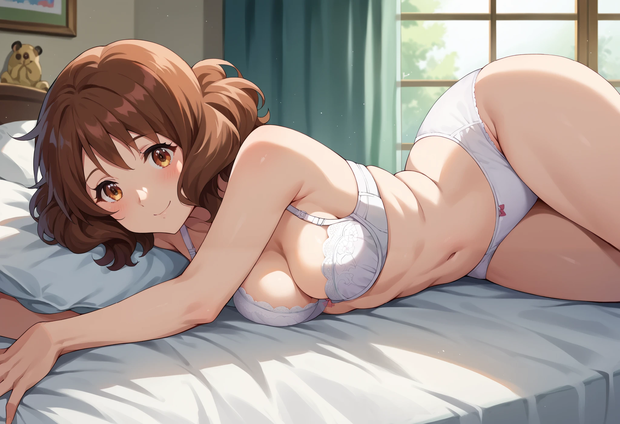 Highest quality, High resolution, masterpiece, (Beautiful Eyes), Detailed face, kumiko oumae, Brown Hair, brown eyes, short hair, Wavy Hair, smile, blush, indoor, bedroom, white bed, medium breasts, (lying on the bed), (Wide pelvis:1.5), thick thighs, (white_bra:1.5), (white_panty:1.5), (an act of stretching oneself on the bed:1.5), get on one knee, nsfw