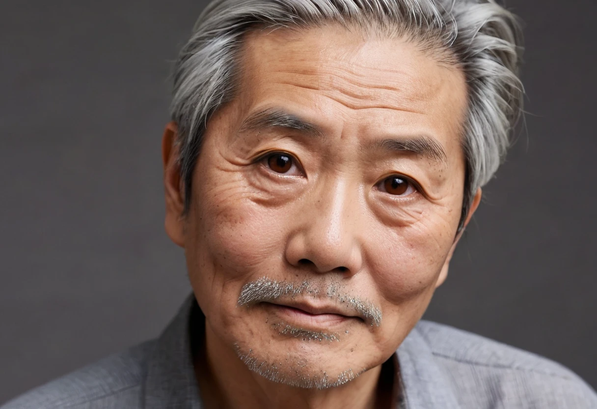 Japanese look , Gray Hair,  with a cut that looks like an old man,  caramel eyes 　 gentle expression 　Wrinkled 
