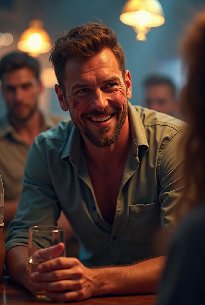 makes image of a white man, 3, model type, with short dark hair, with blue eyes, wearing pajamas buttoned up to the neck, lying on a bed and holding a bottle of red wine, Grinning.