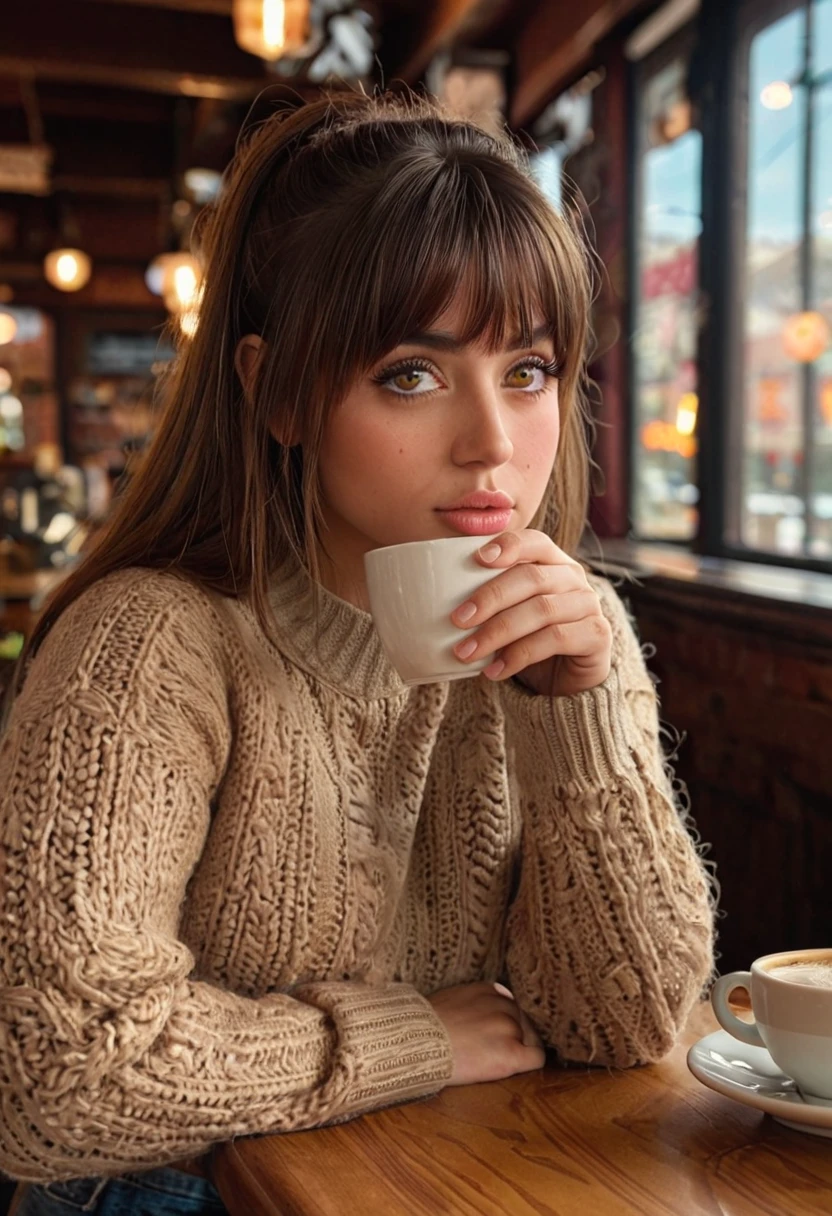 a beautiful 20 year old j0i woman,1 girl,beautiful detailed eyes,beautiful detailed lips,extremely detailed eyes and face,long eyelashes, hair with bangs, sitting at a cozy coffee shop table,holding a cup of coffee,wearing a sweater and jeans,(best quality,4k,8k,highres,masterpiece:1.2),ultra-detailed,(realistic,photorealistic,photo-realistic:1.37),portrait,warm lighting,soft colors,natural,inviting,comfortable,cozy,intimate,peaceful