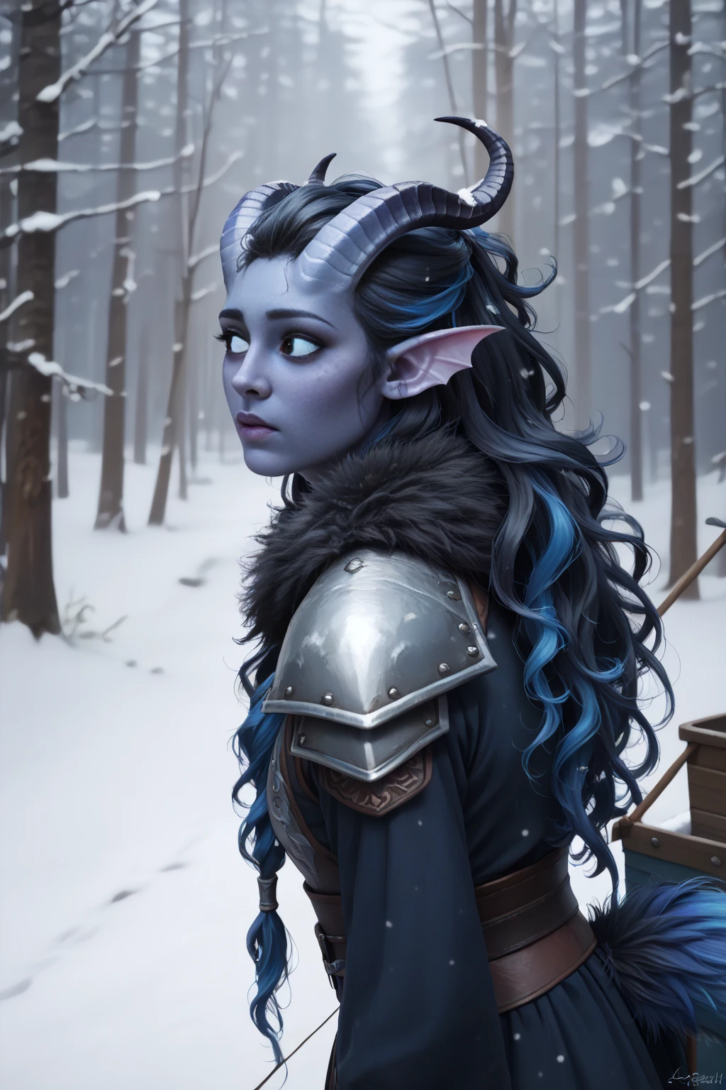 ( Snowy sprawling cedar ,  the winter cedar forest against the background of ), (1Тiefling ,  dark blue-gray skin :1.5), ( very thick long tiefling dragon tail :1.5), (long black flowing hair with dark blue tips:1.4), ( the bright blue-black pigmentation on the face :1.5), (blue-black freckles :1.2) , ( 2little fins on their heads :1.4), (bright blue-grey pupils,  Black eyes :1.4), ( blue-black pigmentation on the skin :1.5), ( dark grey straight short horns ), ( blue and black pigmentation on the tail :1.5),  girl  , (kind face), (на лице эмоции от нестерпимого coldа), (in pain ), (coldно:1.2), [curiosity ], (35 years old:1.5), (adult:1.2), (Deep look:1.3), (идёт крупный  snow ), (запорошена в  snow у:1.2) , (покрыта  snow ом), (ежится от coldа:1.1) , ( frost on eyelashes :1.1), ( fur collar armor), (белый  snow  на голове:1.2), ( fur armor ), ( snow  на рогах и на голове:1.15), (chainmail), (you can see pigmentation on his shoulder ), (tail protection), (walks along the road looking back :1.3), (трясётся от coldа:1.1), [ snowy winter ], (очень coldно), (blizzard,  snow , cold) , (can be seen in its entirety:1.2), ( seen from afar ), ( walks along the road looks over his shoulder:1.5), ( against the background of a medieval northern caravan with carts, wagons ,  horses ,  with :1.4), ( top quality ), ( masterpiece fails), ( highest detail),  fantasy background, blue tones, Dark tones, dark shades,  muted colors, [winter light ].