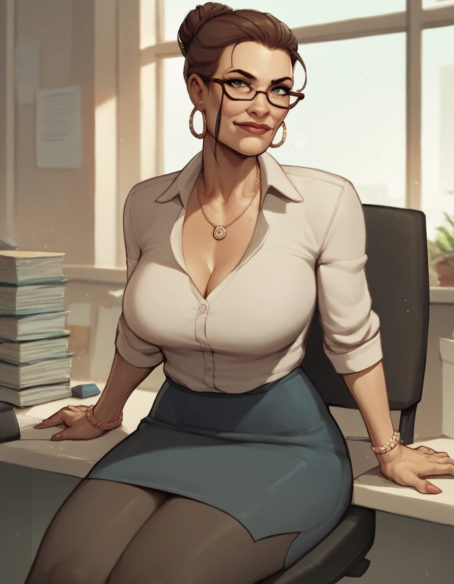 mature businesswoman sitting in office looking at viewer BREAK, score_9, score_8_up, score_7_up, score_6_up, score_5_up, score_4_up,