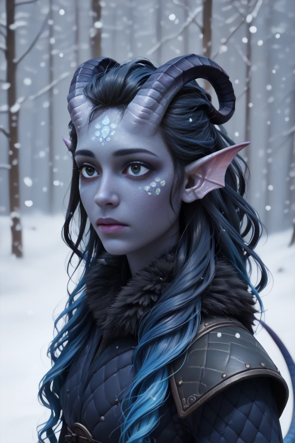 ( Snowy sprawling cedar ,  the winter cedar forest against the background of ), (1Тiefling ,  dark blue-gray skin :1.5), ( very thick long tiefling dragon tail :1.5), (long black flowing hair with dark blue tips:1.4), ( the bright blue-black pigmentation on the face :1.5), (blue-black freckles :1.2) , ( 2little fins on their heads :1.4), (bright blue-grey pupils,  Black eyes :1.4), ( blue-black pigmentation on the skin :1.5), ( dark grey straight short horns ), ( blue and black pigmentation on the tail :1.5),  girl  , (kind face), (на лице эмоции от нестерпимого coldа), (in pain ), (coldно:1.2), [curiosity ], (35 years old:1.5), (adult:1.2), (Deep look:1.3), (идёт крупный  snow ), (запорошена в  snow у:1.2) , (покрыта  snow ом), (ежится от coldа:1.1) , ( frost on eyelashes :1.1), ( fur collar armor), (белый  snow  на голове:1.2), ( fur armor ), ( snow  на рогах и на голове:1.2), (chainmail), (you can see pigmentation on his shoulder ), (tail protection), (трясётся от coldа:1.1), [ snowy winter ], (очень coldно), (blizzard,  snow , cold) , (visible in full:1.2), ( seen from afar ), (сидит на  snow у у костра:1.5), ( top quality ), ( masterpiece fails), ( highest detail),  fantasy background, blue tones, Dark tones, dark shades,  muted colors, [winter light ].