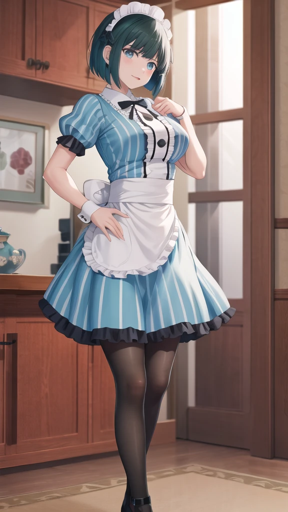 masterpiece, best quality, highres, 1girl, solo, short hair, green hair, bob cut, maid headdress, blue eyes, large breasts, frills, vertical-striped dress, blue dress, short sleeves,  black pantyhose, hand on hip, indoors, standing