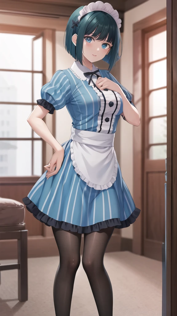 masterpiece, best quality, highres, 1girl, solo, short hair, green hair, bob cut, maid headdress, blue eyes, large breasts, frills, vertical-striped dress, blue dress, short sleeves,  black pantyhose, hand on hip, indoors, standing