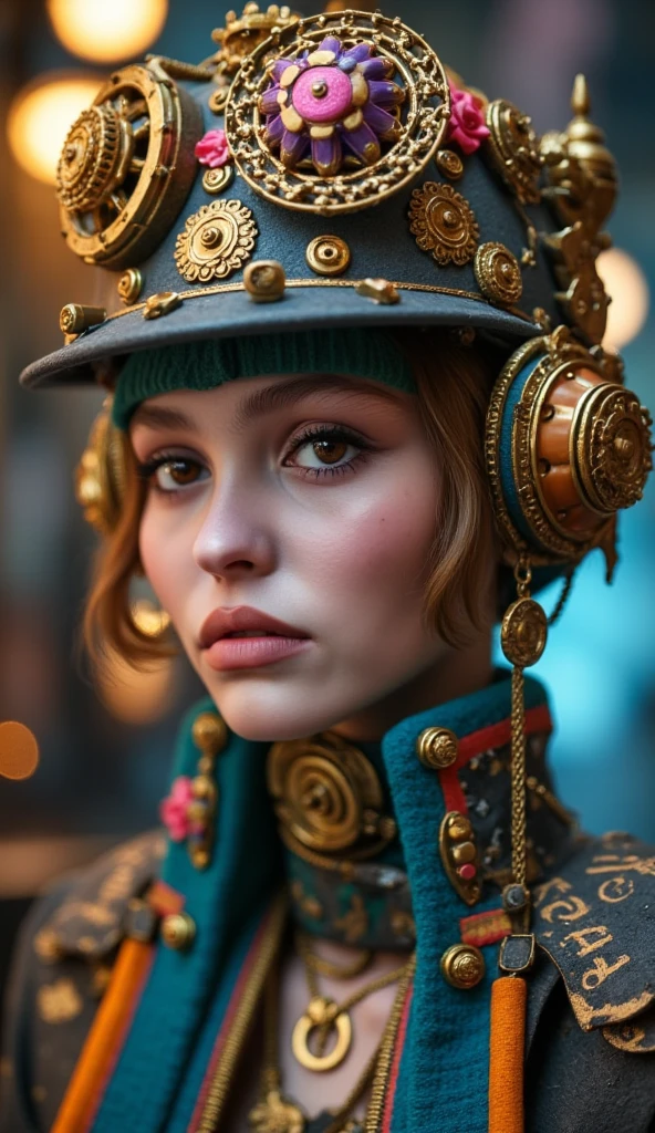 general plan , anatomically correct full body , A whimsical steampunk girl with ADHD  , gears and intricate mechanisms, copper and brass accents,  vibrant colors, fantastic elements, detailed portrait,  dramatic lighting, atmósfera sur realistic , arte digital, Cinematic composition, hyperdetailed, Art station, arte conceptual. ( best quality ,4k,8K, High resolution,masterpiece:1.2), ultra detailed ,  sharp focus,( realistic ,photo realistic ,photo- realistic :1.37), very detailed face ,extremely detailed facial features,hyper  realistic  skin texture, extremely fine details ,detalles intrincados,  detailed eyes, Detailed nose , Detailed lips , detailed facial expressions ,Intricate facial anatomy, Bright lighting ,  dramatic lighting,changing lighting, Cinematic Lighting ,chiaroscuro lighting, dramatic shadows ,dramatic moments,  bright colors  ,intense colors,Deep contrast, cinematic depth of field , Cinematic composition , cinematic camera angle 
