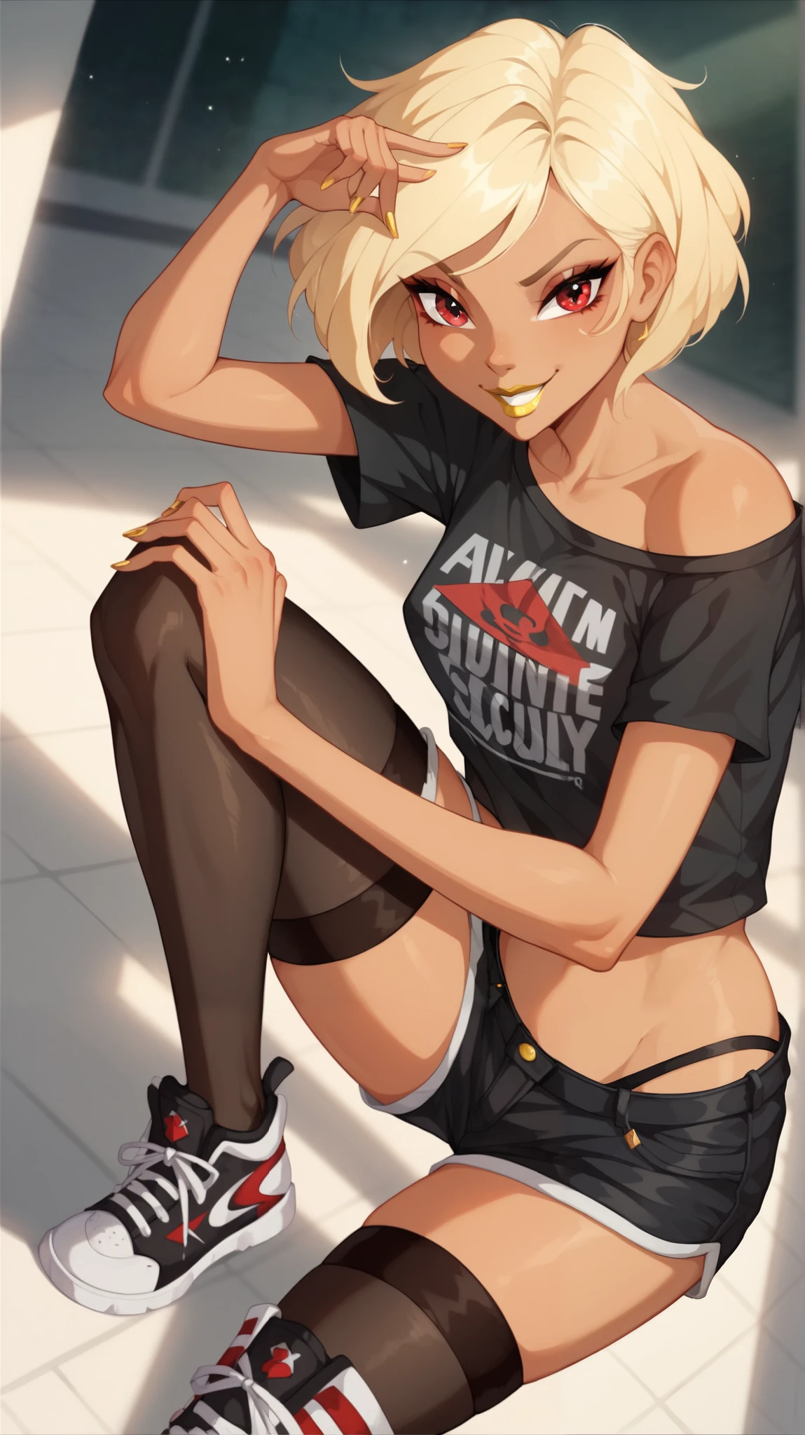 1boy, solo, black eyeliner, male medium length mullet hairstyle, blonde hair, handsome, blue eyes, black choker, white long bandage gloves, kneeling, white skirt, long transparent tights, bed, room, red lipstick, femboy, blush, thin waist, anime style 