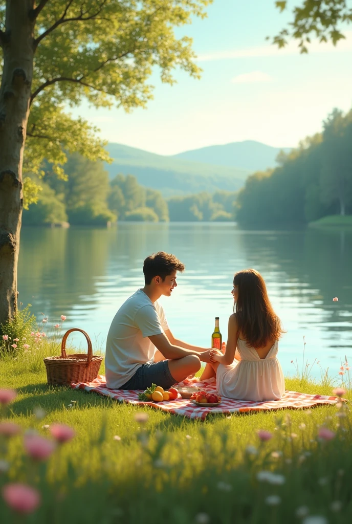 Wonderful lakeside picnic for a couple 