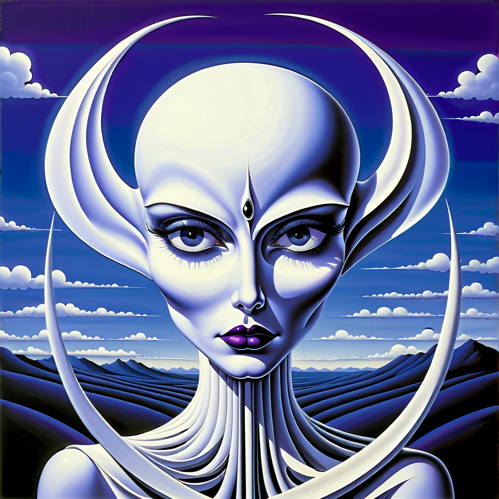 art by Rafal Olbinski, The Pure-White Devil Albedo with white blue-purple purple and black-purple color palette
