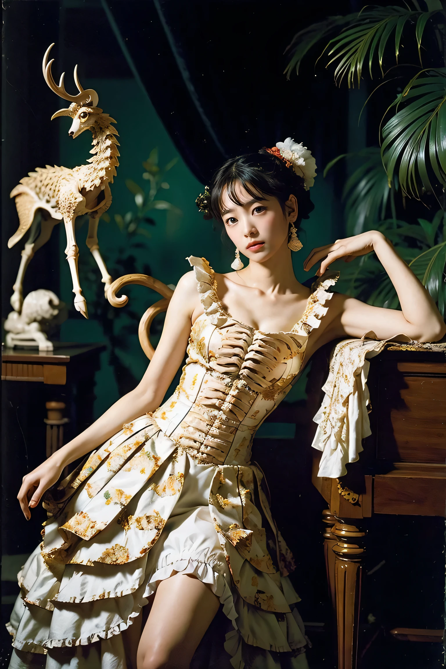 Mekkogu,  One girl ,  Rococo Madame Pompadour,  deer antler,  dress, Cockerel ,  Jungle,  creepy, (( spine ribs )),  fragonard 、Boucher、 in Watteau style  