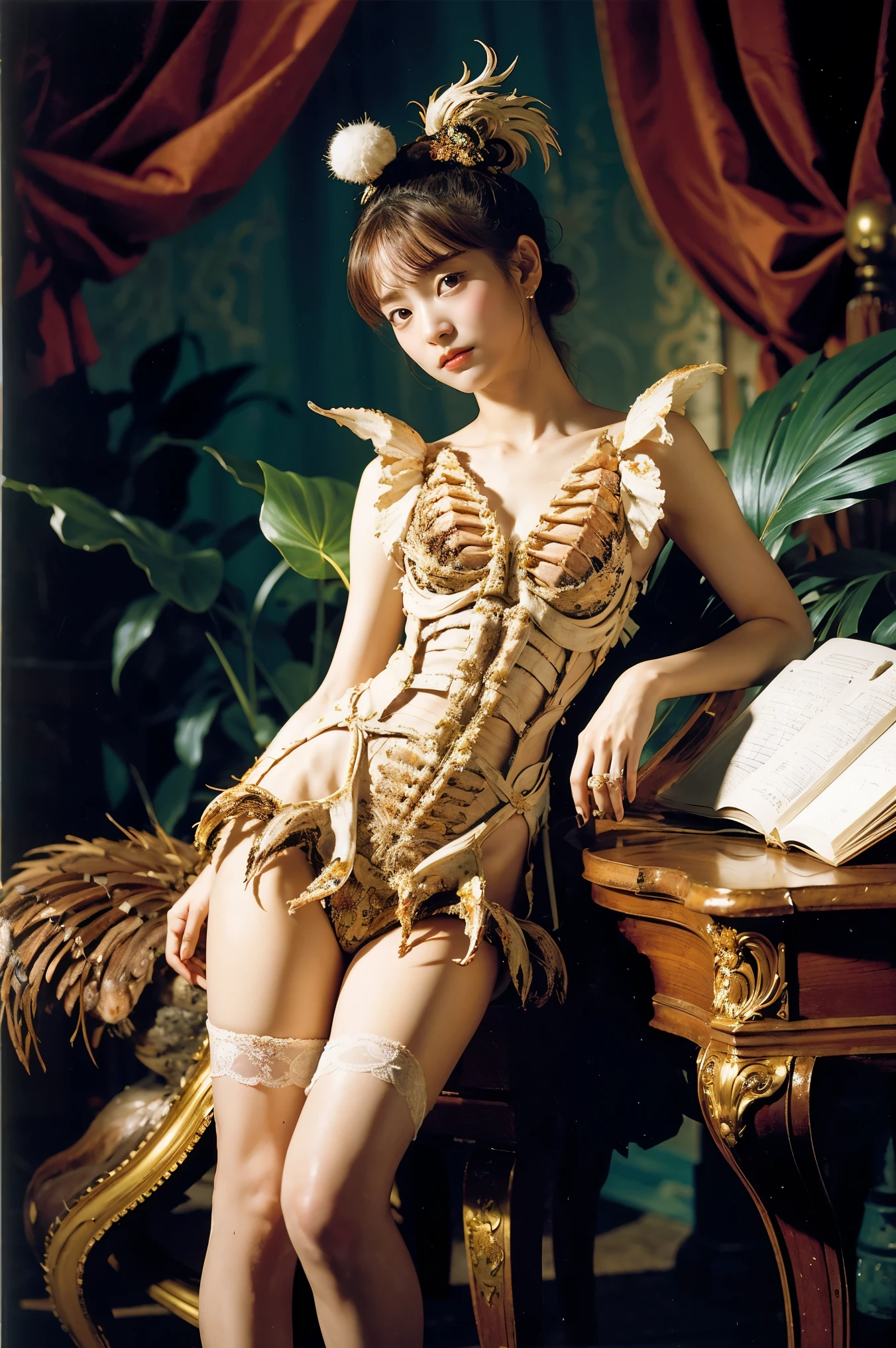 Mekkogu,  One girl ,  Rococo Madame Pompadour,  deer antler,  dress, Cockerel ,  Jungle,  creepy, (( spine ribs )),  fragonard 、Boucher、 in Watteau style  
