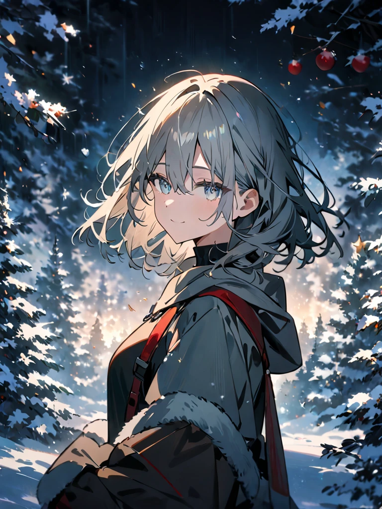 masterpiece, best quality, Detailed Eyes, score_9, score_8_up, score_7_up, source_anime, illustration,soothing tones, calm colors, soft cinematic light, exposure blend, faded, slate gray atmosphere, 1girl, intelligence, fit, smile, looking at viewer, starshadowmagician, Artist: starshadowmagician, snowy winter scenery,christmas,glitter particles floating around