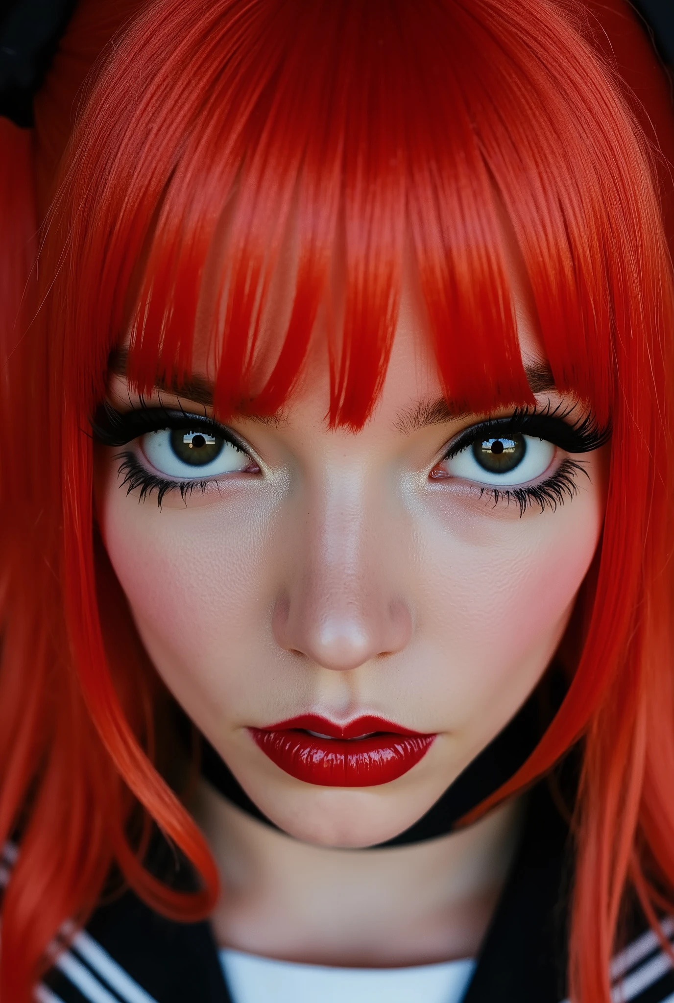 Beautiful girl, red lip gloss, eyeliner flicks, red lip gloss, sexy, latex schoolgirl outfit, body oil, extreme make up, red hair in pigtails, dark red lip gloss, shiny lips, reflective lips