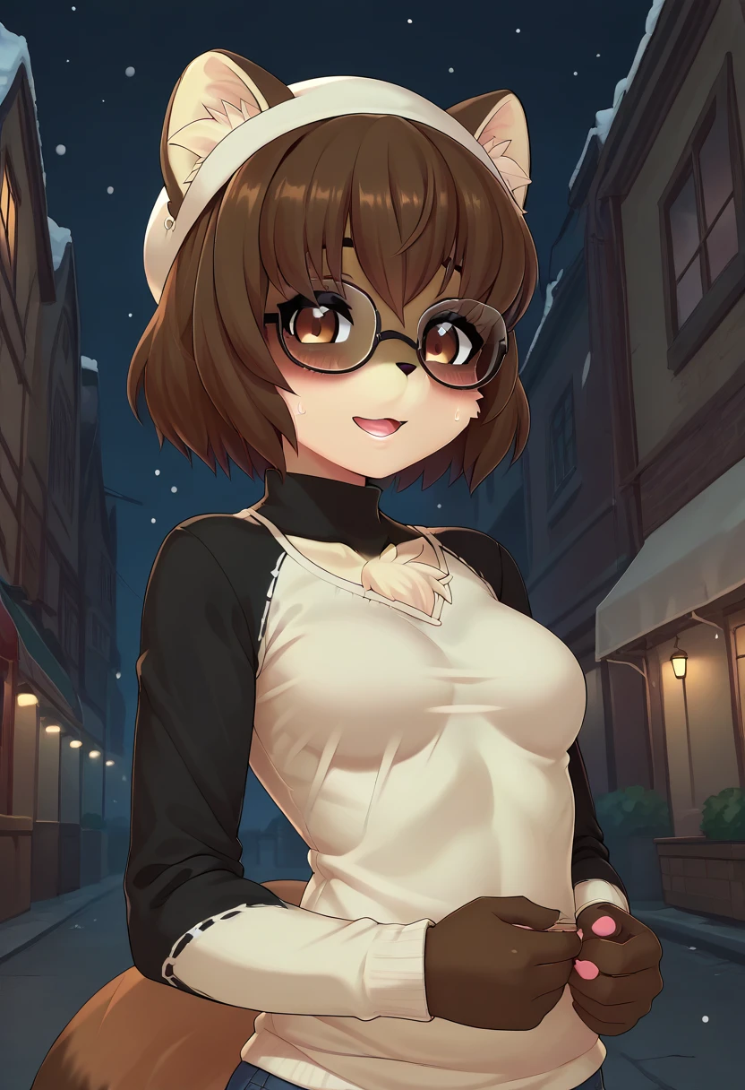 Masterpiece, anime style, score_9, score_8_up, score_7_up, source_furry, tmc, 1girl, solo, animal ears, raccoon ears, furry female, brown eyes, furry, tail, brown hair, short hair, pawpads, brown fur, small breasts, perky breasts, snowing, streets, wool cap, wool sweater, jeans, cute smile, tired expression, foodcart, steamopen mouth, blush, shy, black t-shirt, looking at viewer, standing, glasses, upper body, dutch angle, (back:0.4), anime screencap, outdoor, nightsky, snowing, cold,