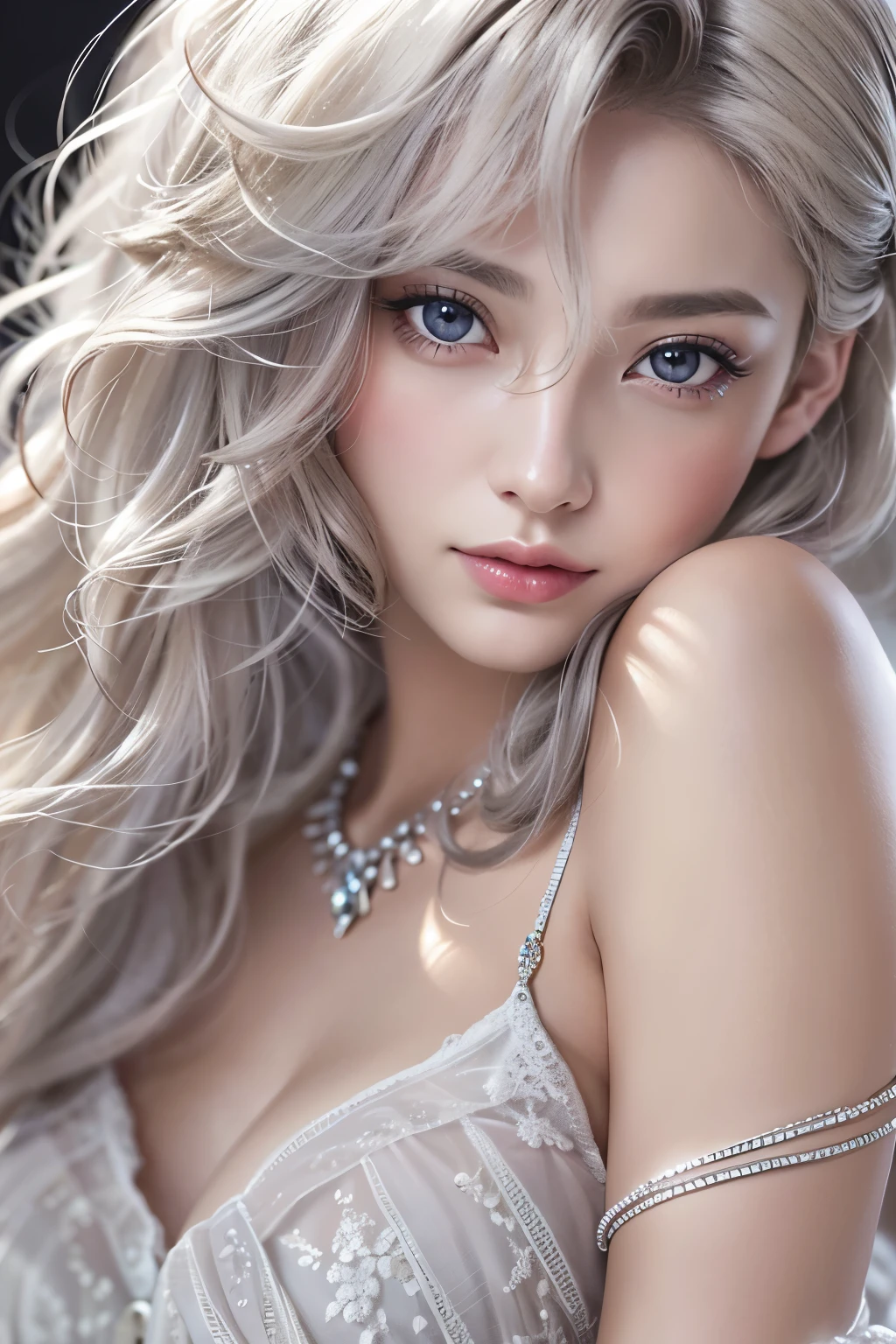 Boring, Look forward, Underarm, Underarm, nearly naked, Slim body, skinny, (Highest quality real textured skin),(Abysmal),(Are you okay, round, Symmetrical eyes),Delicate facial features,(Burning bright cold eyes), very slim and Slim body, naked, nude, (She has a mischievous smile),(Her face is kind and beautiful),Glass earrings in the ears,,(Blonde),(Silvery white hair),(Chestnut Hair),(Dramatic Photos:1.4),(Dramatic Pose),(Flashy photos), Upturned eyes, Upward glance, Cluttered picture,(Hair flying in the air:2.0),(Background vortices and currents),(Dramatic Light),(Nice views),Spectacular realism,Cinematic feel,(High-density image review:1.5),(Soft colors:1.2),Super detailed,Dramatic Light,(Intricate details:1.1), (Complex background,Shine,fractal)