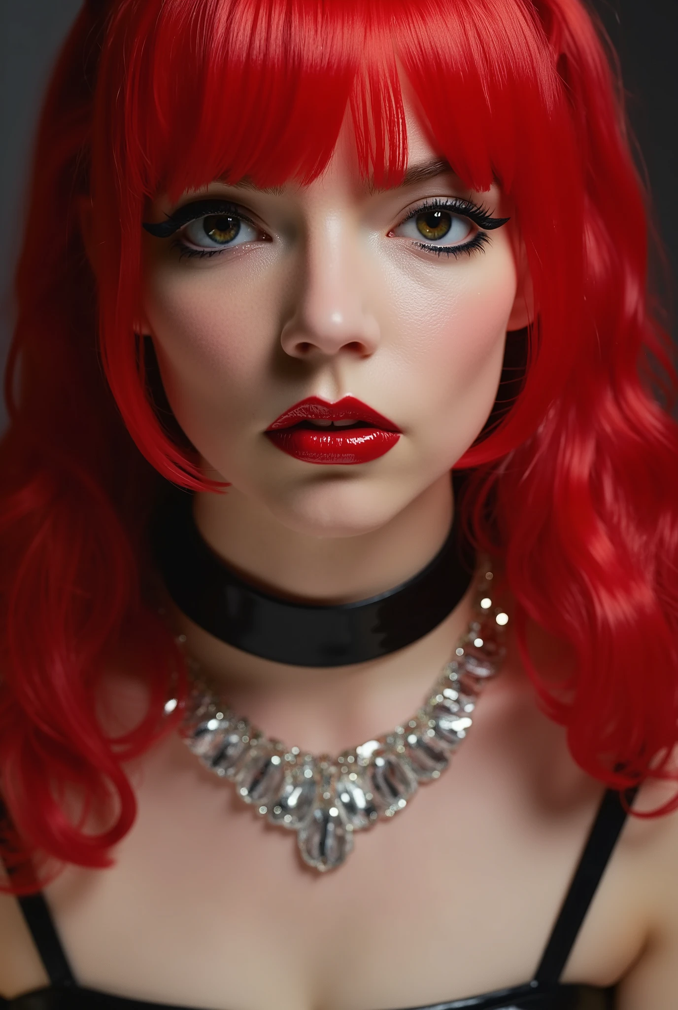 Beautiful girl, red lip gloss, eyeliner flicks, red lip gloss, sexy, latex schoolgirl outfit, body oil, extreme make up, red hair in pigtails, dark red lip gloss, shiny lips, reflective lips