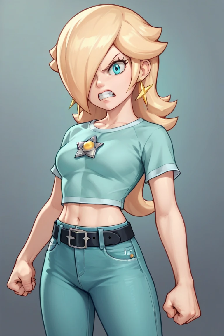 score_9, score_8_up, score_7_up, source_anime, rosalina, blonde hair, blue eyes, hair over one eye, long hair, star earrings, solo, cowboy shot, black t-shirt, taut clothes, tight shirt, midriff, jeans, black belt, angry, teeth, clenched hands