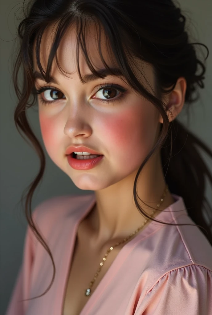 (Masterpiece, Best Quality, Photorealistic: 1.3), 1 girl, Beautiful eye details, Beautiful lips details, MATURE, tshirt, open mouth, plump, white skin, PUNK shirt, seductive, ((bangs hair, hair CROSSING eyes, PINK lipstick, lace RED SHIRT: 1.3)), squatting cowgirl, (sensual, when moaning: 1.3), messy black hair, sweaty body, upper body shot, put your hands on your WAIST, FULL MEDIUM SHOOT, solo focus , depth of field, volumetric lighting, perfect view, (dynamic pose:1.2), (from BELOW:1.2), best quality, photo realistic, masterpiece, facial expressions, SHOCKED expression, high resolution