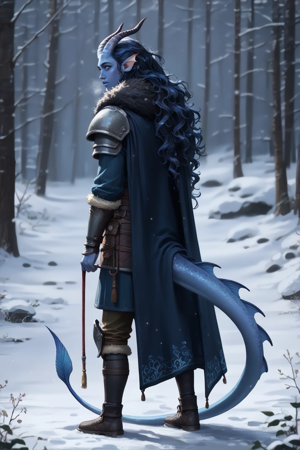 ( Snowy sprawling cedar ,  the winter cedar forest against the background of ), (1Тiefling ,  dark blue-gray skin :1.5), ( very thick long tiefling dragon tail :1.5), (long black flowing hair with dark blue tips:1.4), ( the bright blue-black pigmentation on the face :1.5), (blue-black freckles :1.2) , ( 2little fins on their heads :1.4), (bright blue-grey pupils,  Black eyes :1.4), ( blue-black pigmentation on the skin :1.5), ( dark grey straight short horns ), ( blue and black pigmentation on the tail :1.5),  girl  , (kind face), (на лице эмоции от нестерпимого coldа), (in pain ), (coldно:1.2), [curiosity ], (35 years old:1.5), (adult:1.2), (Deep look:1.3), (идёт крупный  snow ), (запорошена в  snow у:1.2) , (покрыта  snow ом), (ежится от coldа:1.1) , ( frost on eyelashes :1.1), ( fur collar armor), (белый  snow  на голове:1.2), ( fur armor ), ( snow  на рогах и на голове:1.15), (chainmail), (you can see pigmentation on his shoulder ), (tail protection), (walks along the road looking back :1.3), (трясётся от coldа:1.1), [ snowy winter ], (очень coldно), (blizzard,  snow , cold) , ( can be seen in full height:1.2), ( seen from afar ), ( walks along the road looks over his shoulder:1.5), ( foot guards {x} against the background of a medieval northern caravan with carts, wagons ,  horses ,  with :1.4), ( top quality ), ( masterpiece fails), ( highest detail),  fantasy background, blue tones, Dark tones, dark shades,  muted colors, [winter light ].