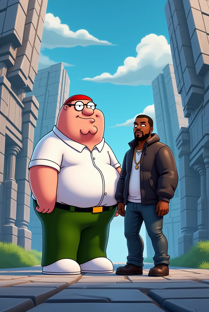 White man, thick build, dressed as a rapper, 3, bald, with a beard and mustache, baggy sweatshirt, baggy pants, Nike sneakers, with Scarlett Johansson dressed as a sexy cartoon character, Vito Mc