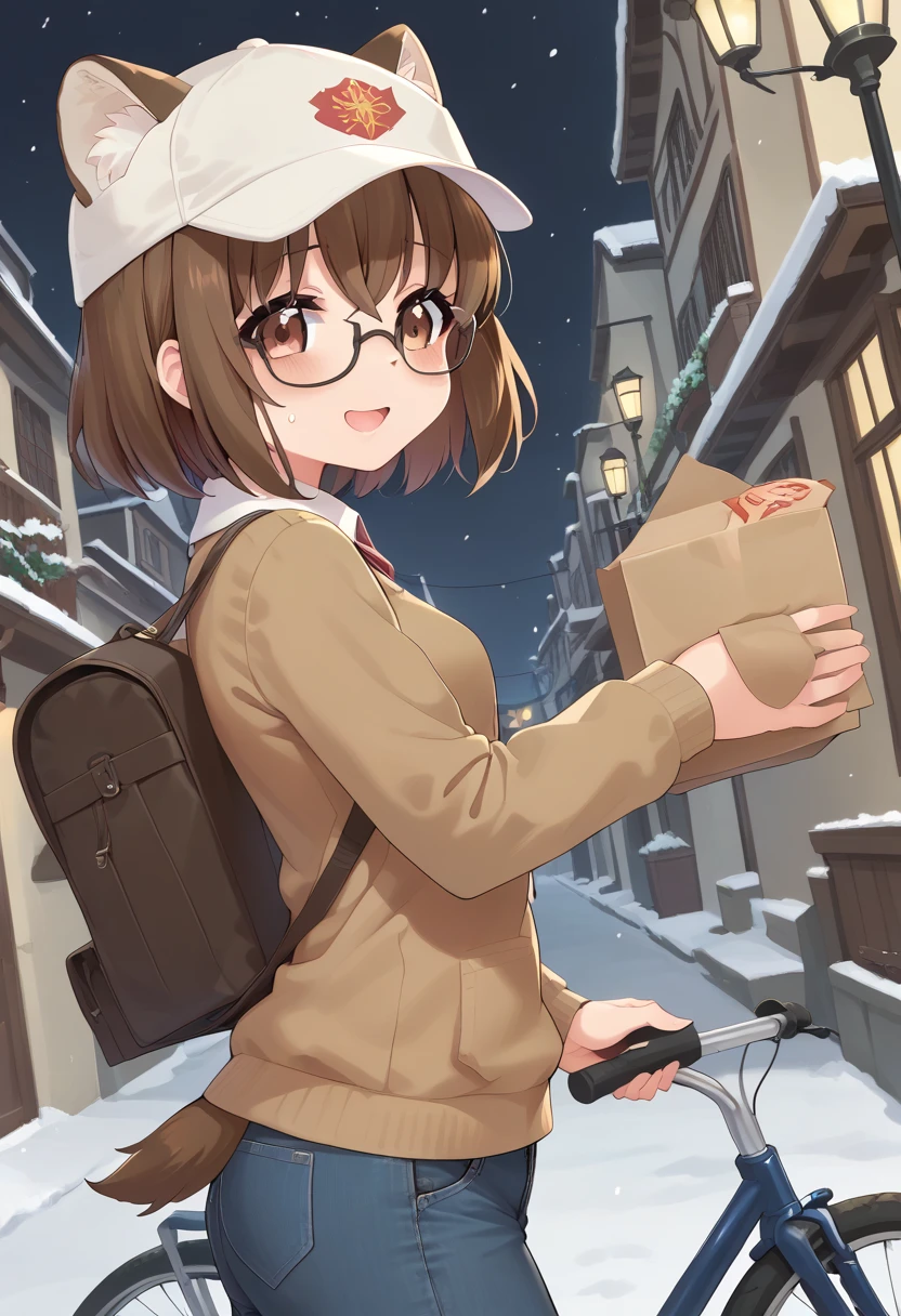 Masterpiece, anime style, score_9, score_8_up, score_7_up, source_furry, tmc, 1girl, solo, animal ears, raccoon ears, furry female, brown eyes, furry, tail, brown hair, short hair, pawpads, brown fur, small breasts, perky breasts, snowing, streets, wool cap, wool sweater, jeans, cute smile, tired expression, foodcart, steamopen mouth, blush, shy, black t-shirt, looking at viewer, standing, glasses, upper body, dutch angle, (back:0.4), anime screencap, outdoor, nightsky, snowing, cold, sad expression, uber backpack, delivery bicycle 