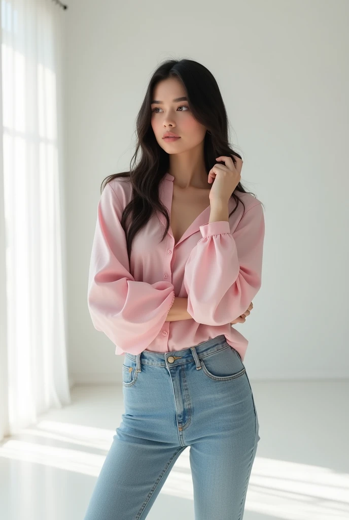 Close-up of a beautiful long-haired Asian woman with beautiful eyes. She wore a large, long-sleeved shirt with the sleeves rolled up into a cute pink cartoon shape. She stands gracefully amidst studio lights, a highly detailed 3D smoke simulation. professional model studio background lively light High resolution 8K